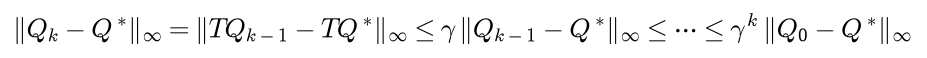 The distance from the table after k sweeps to the optimum equals the distance between T applied to the previous table and T applied to the optimum, which is at most gamma times the previous distance, and so at most gamma to the k times the initial distance