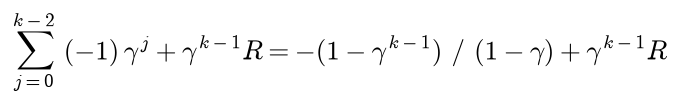 The value of a route of k moves to an exit with reward R is minus the sum of gamma to the j for j from 0 to k minus 2, plus gamma to the k minus 1 times R, which equals minus 1 minus gamma to the k minus 1 over 1 minus gamma plus gamma to the k minus 1 times R