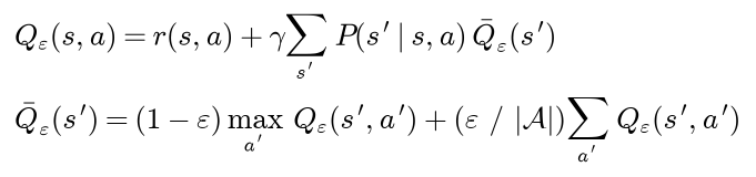 Q epsilon of s, a is the expected reward plus gamma times the expected epsilon-greedy average of the next state, which is 1 minus epsilon times the best entry plus epsilon over the number of actions times the sum of all entries