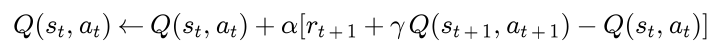 Q of s t, a t moves towards r t plus 1 plus gamma times Q of the next state and the next action actually taken
