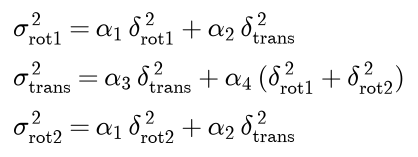 The variance of the first rotation is alpha 1 times its square plus alpha 2 times the squared translation; the variance of the translation is alpha 3 times its square plus alpha 4 times the sum of the squared rotations; the variance of the second rotation is alpha 1 times its square plus alpha 2 times the squared translation