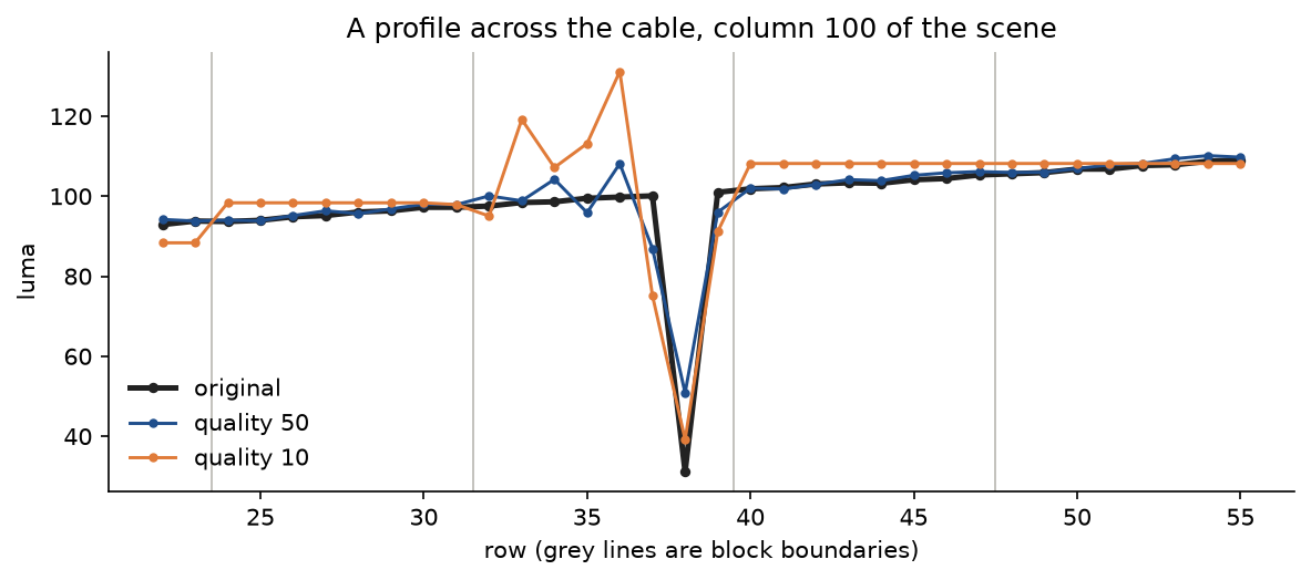 Luma down column 100 of the scene across a thin dark cable: the original is a gentle ramp with a sharp dip to 31 at row 38; at quality 50 the dip is shallower and slightly wavy; at quality 10 the block holding the cable overshoots to about 130 just above it, while the blocks above and below are flat and meet with steps at their boundaries