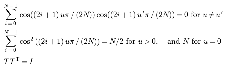 The sum over i of the cosine at frequency u times the cosine at frequency u prime is 0 for u different from u prime; the sum of the squared cosine is N over 2 for u greater than 0 and N for u equal to 0; hence T times T transposed is the identity