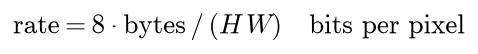 The rate is 8 times the number of bytes divided by the height H times the width W, in bits per pixel