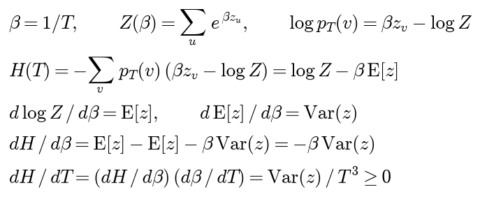 With beta equal to 1 over T and Z of beta the sum over u of e to the beta z u, log p T of v is beta z v minus log Z; H of T is minus the sum of p T of v times beta z v minus log Z, which is log Z minus beta times the expected logit; the derivative of log Z with respect to beta is the expected logit and the derivative of the expected logit is the variance of the logits; so dH by d beta is minus beta times the variance, and dH by dT is the variance of the logits divided by T cubed, which is never negative