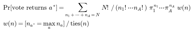 The probability that the vote returns a star is the sum over counts n 1 to n A adding up to N of N factorial over the product of the count factorials, times the product of the answer probabilities to the power of their counts, times w of n; w of n is 1 if a star has the largest count, divided by the number of tied answers, and 0 otherwise