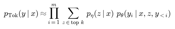 RAG-Token: the probability of y given x is approximately the product over tokens of the sum over the top k chunks of the retriever probability times the generator probability