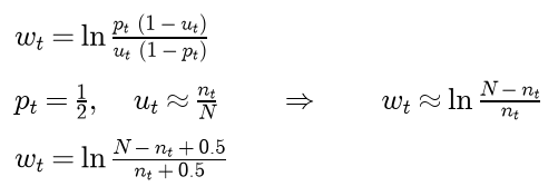 The log-odds weight is the log of p times 1 minus u over u times 1 minus p; with p one half and u about n over N it becomes the log of N minus n over n; adding 0.5 to each count gives the log of N minus n plus 0.5 over n plus 0.5