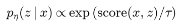 The retriever's probability of chunk z given x is proportional to the exponential of the retrieval score divided by tau