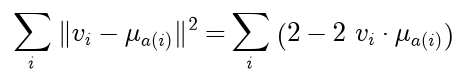 The sum over vectors of the squared distance to their centroid equals the sum over vectors of 2 minus 2 times the vector dotted with its centroid