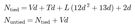 The tied count is V d plus T d plus L times 12 d squared plus 13 d, plus 2 d; the untied count adds another V d