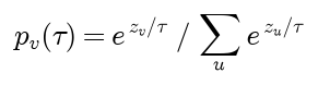 The probability of token v at temperature tau is e to the z v over tau divided by the sum over u of e to the z u over tau